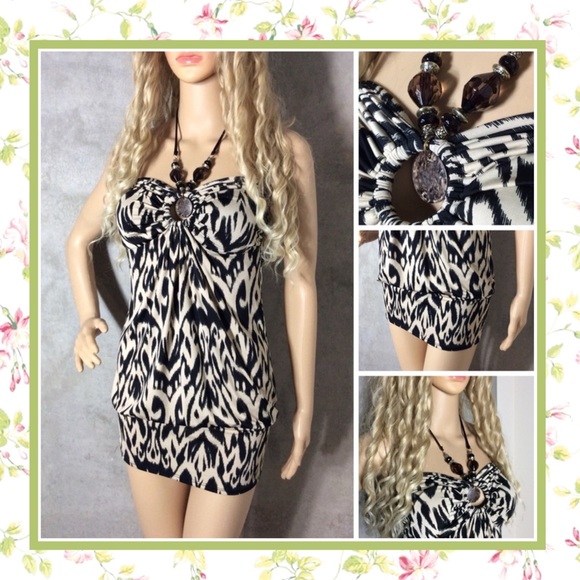 🎀 ANIMAL PRINT DRESS TRIBAL HALTER BEADED BOHO SHORT SMALL PETITE PADDED TOP - Picture 8 of 9